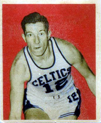 Arthur Spector’s 1948 Bowman #57 front: Celtics uniform against red, inside a white border.